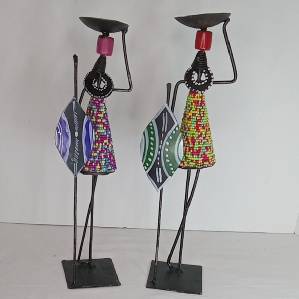 Vintage African Warrior Beaded Maasai Pair Candle Holders